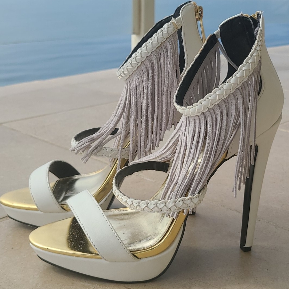 White and gold fringe heels